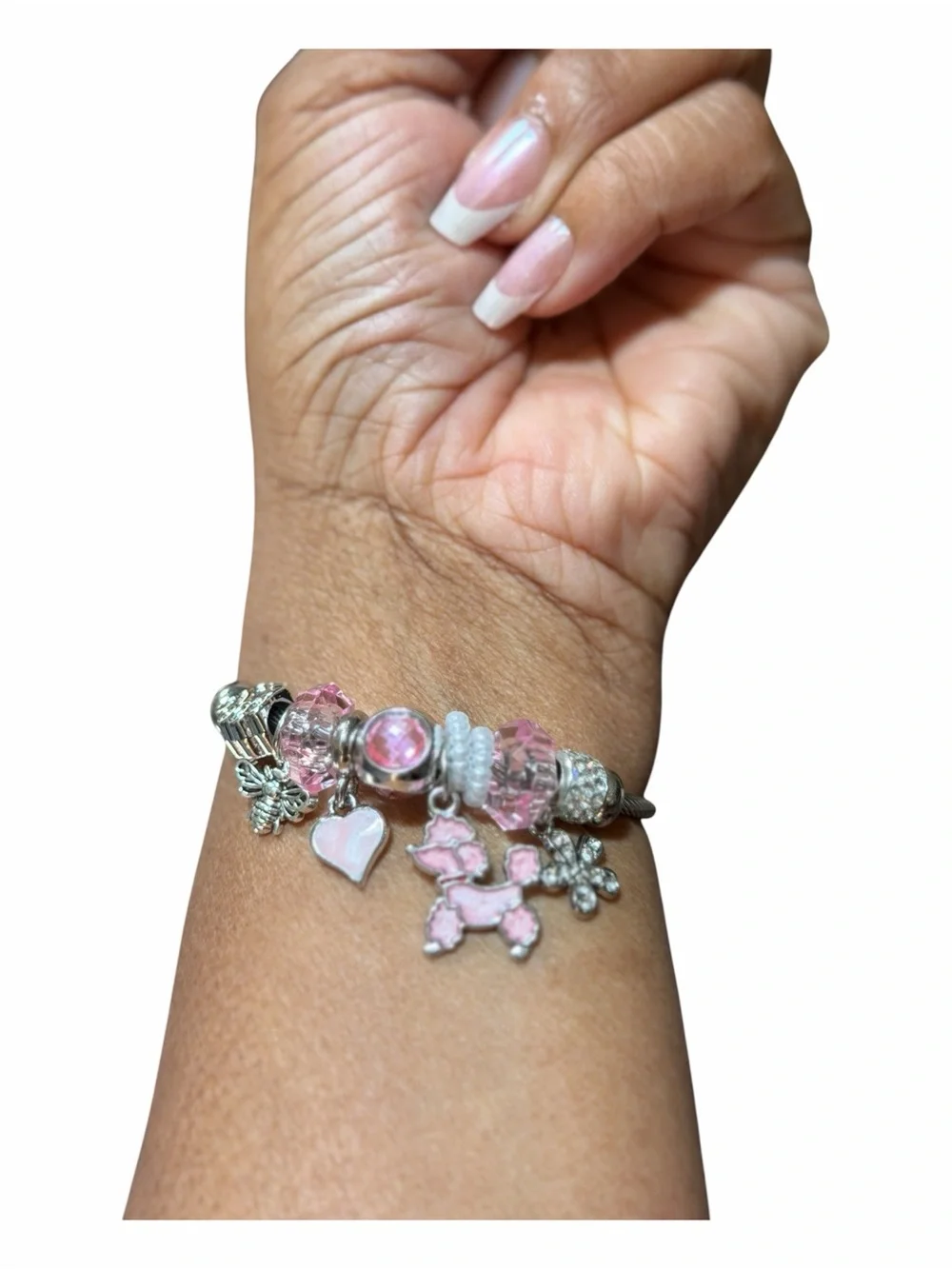 Pink Charm Adjustable Twisted Banglewith Enamel Heart & Poodle Charms